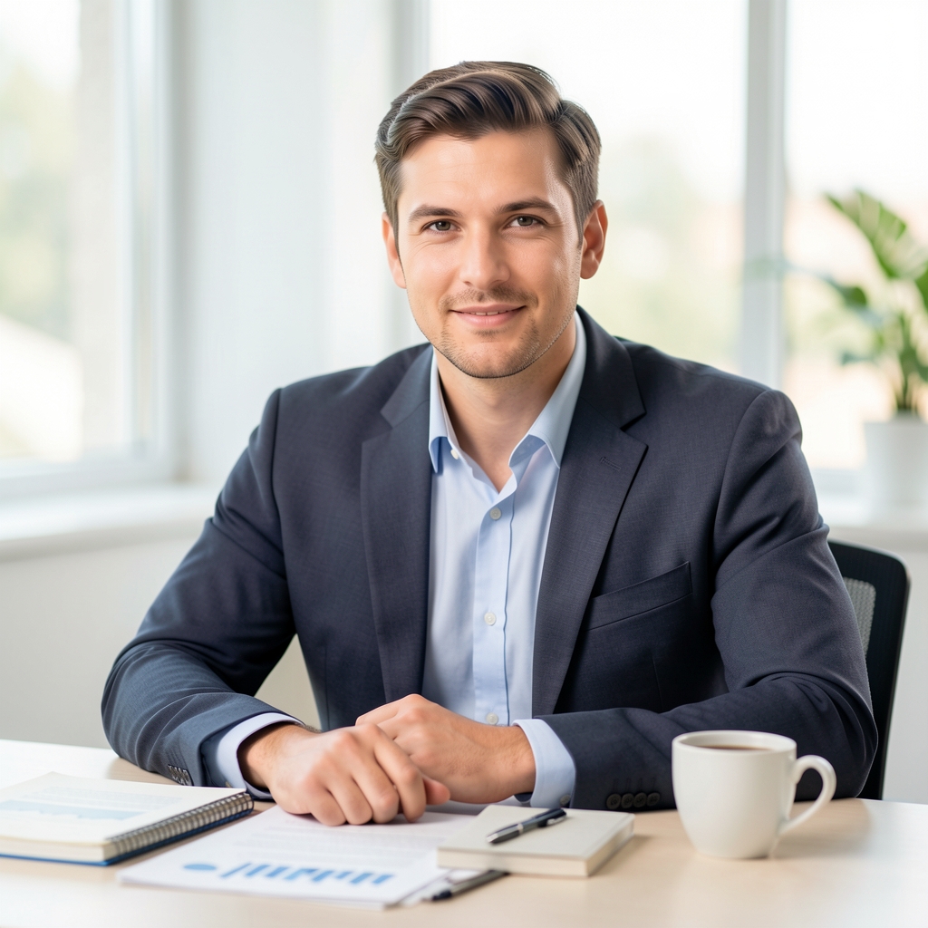 Editorial portrait of a male nutrition specialist seated at a desk with research documents, notebooks, and a cup of coffee in a clean bright workspace