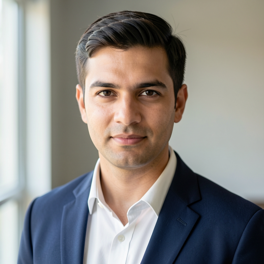 Professional headshot of a male nutrition researcher in a neutral environment, natural window light, looking directly at camera