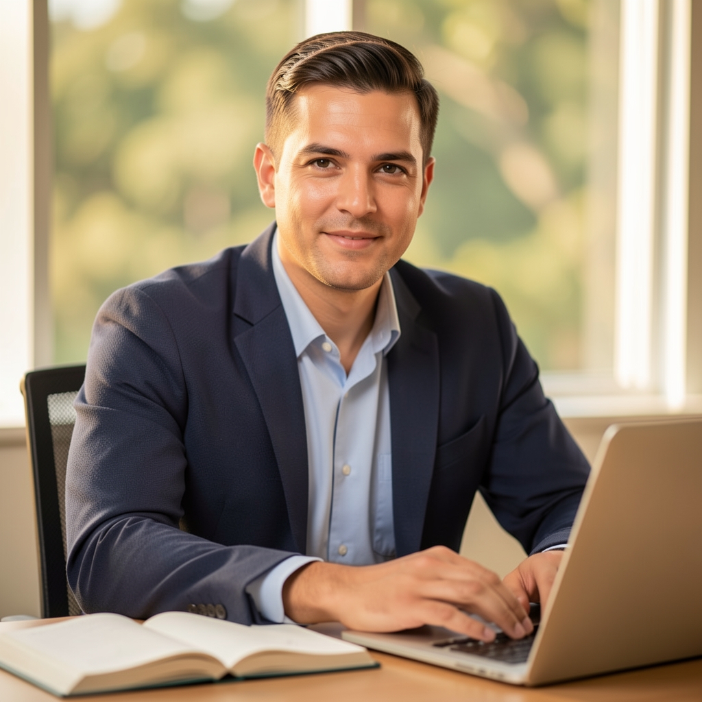 Professional headshot of a male wellness writer seated at a desk with open notebooks and a laptop, warm natural office lighting
