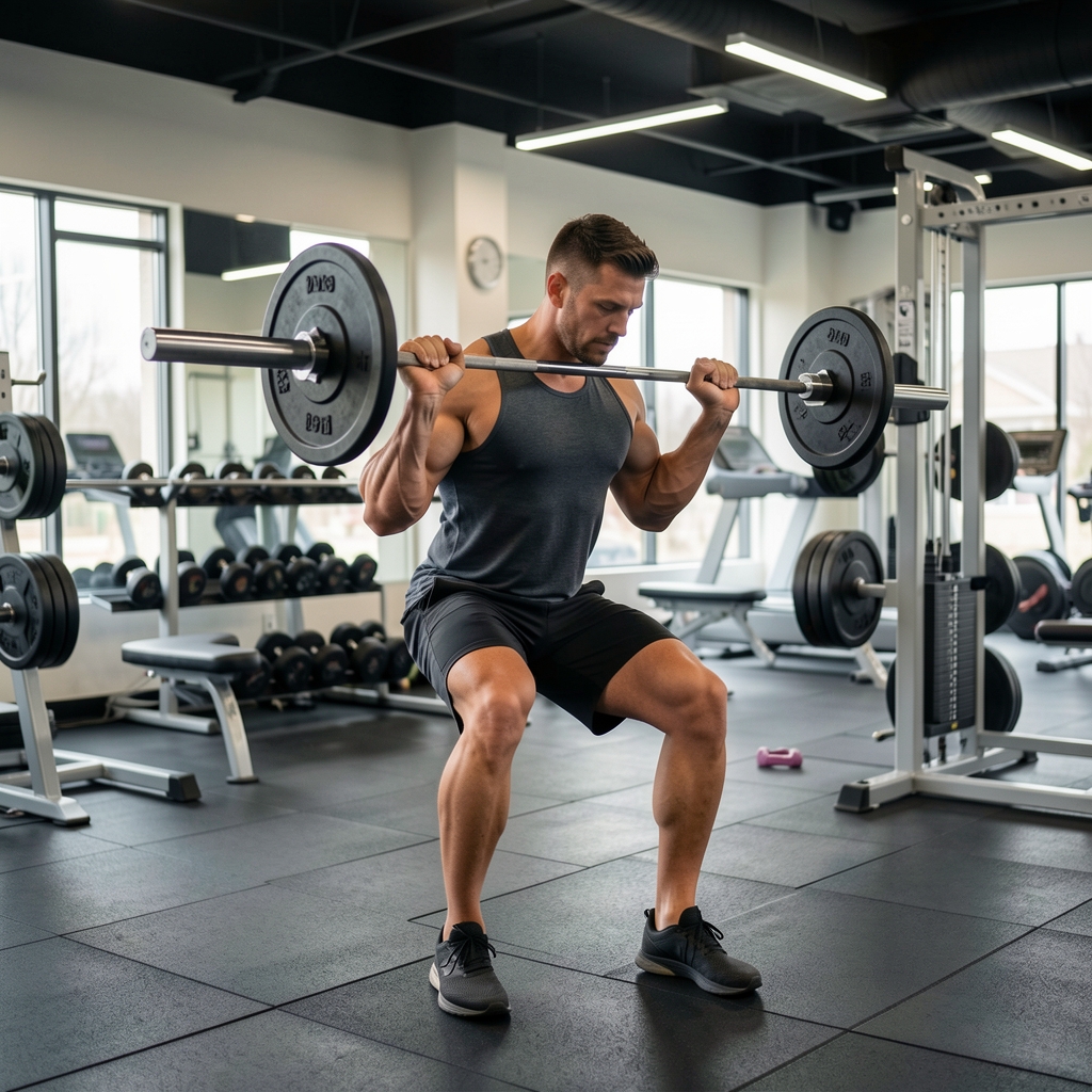 A man in athletic wear lifting weights in a well-lit gym, representing structured resistance training combined with a muscle-building diet