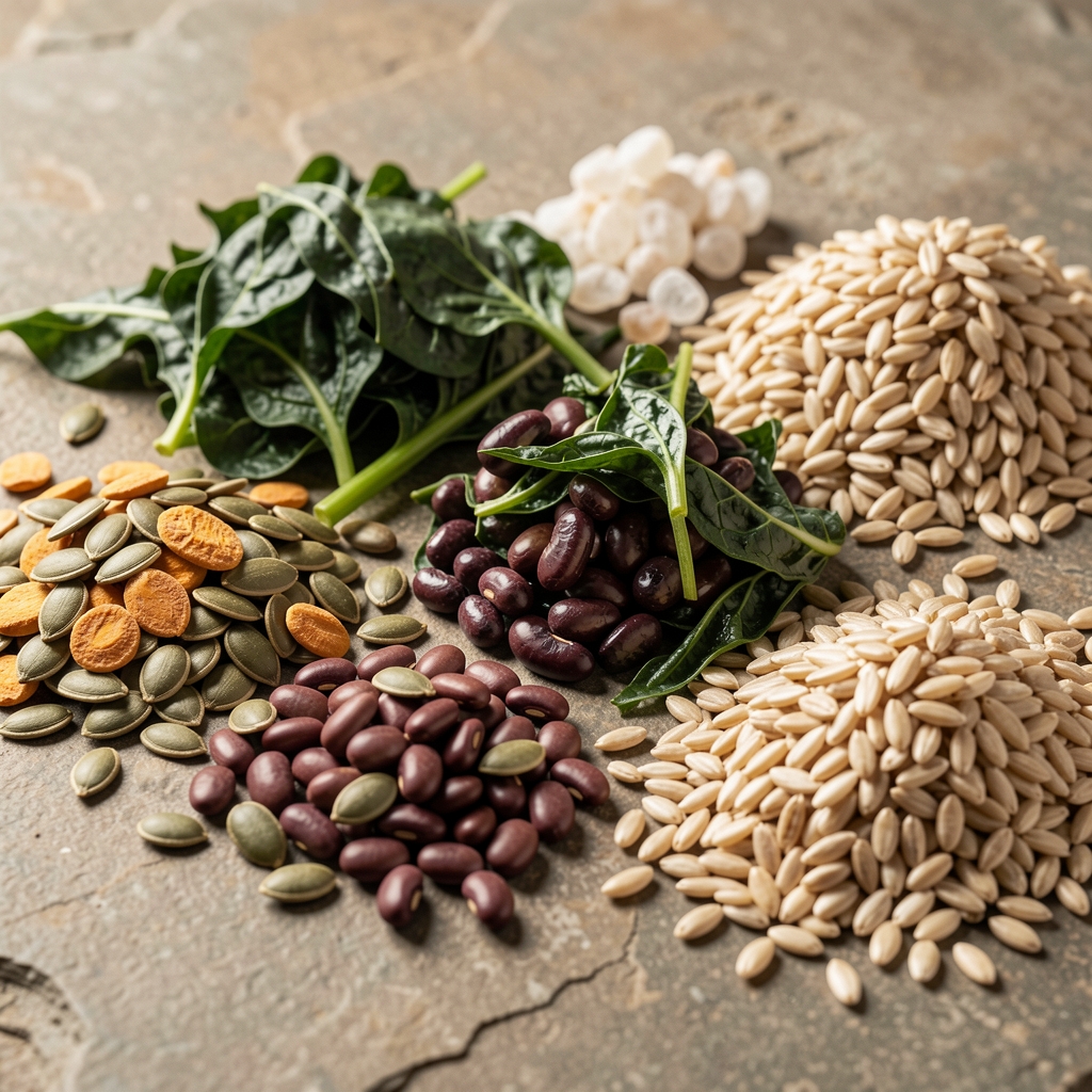 Assorted mineral-rich foods including pumpkin seeds, dark leafy greens, legumes, and whole grains on a stone surface, representing micronutrient diversity