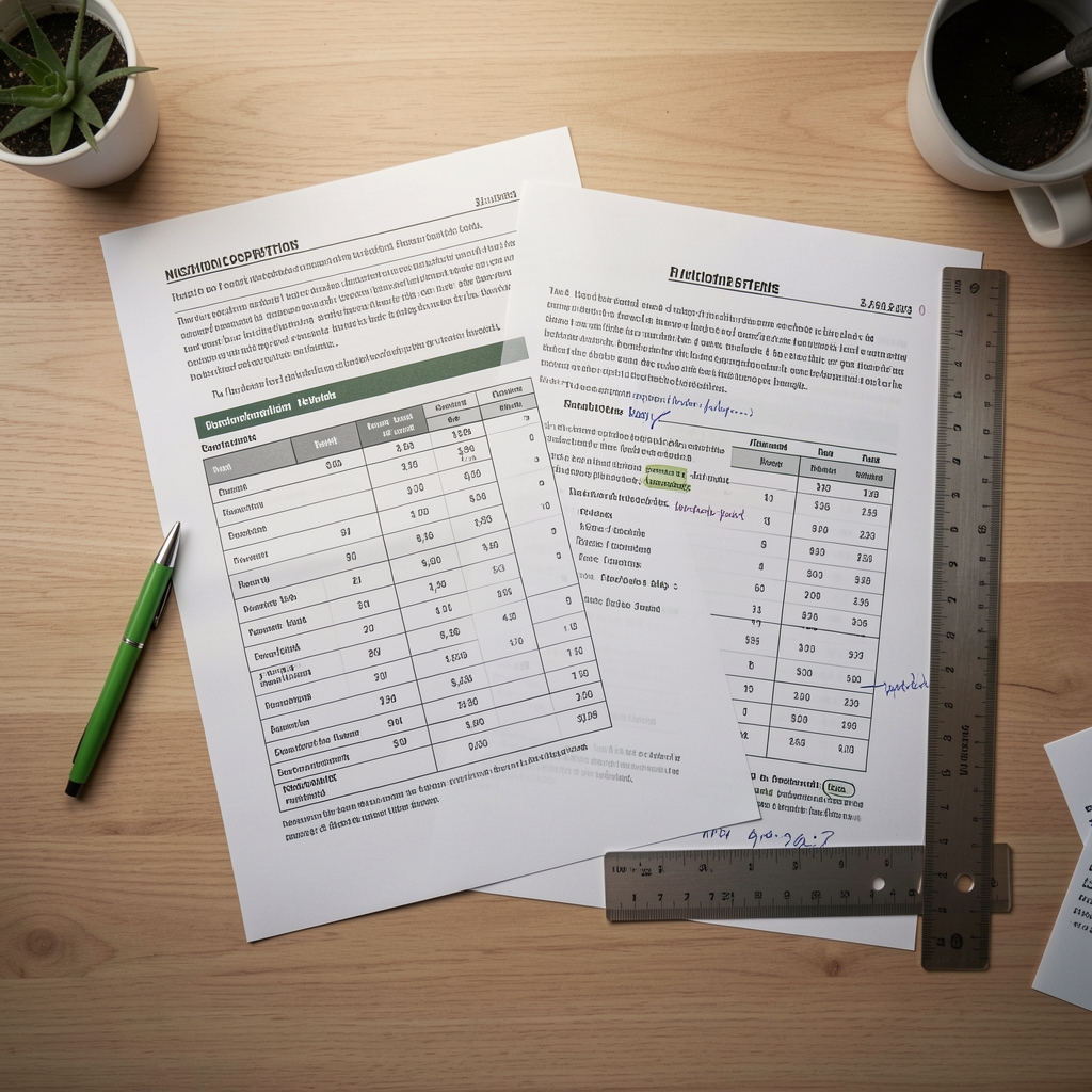 Overhead view of a research desk with printed nutritional composition charts, annotated journal articles, a ruler, and a pen laid flat under controlled lighting