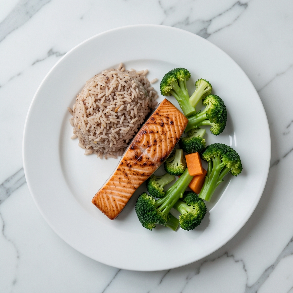 Balanced meal on a white plate with measured portions of grilled salmon, brown rice, and steamed vegetables, overhead shot on a clean marble surface