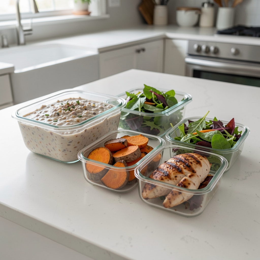 Weekly meal prep layout with glass containers filled with overnight oats, roasted sweet potato, grilled chicken, and mixed greens arranged on a clean kitchen counter