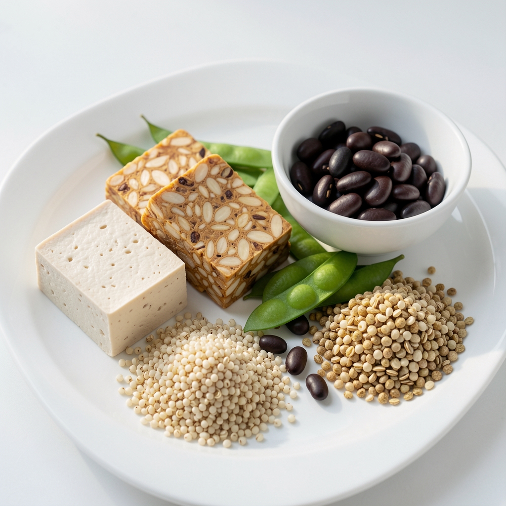 Vegan protein food sources including tofu, tempeh, edamame, black beans, quinoa, and hemp seeds arranged on a clean white ceramic surface under bright natural light