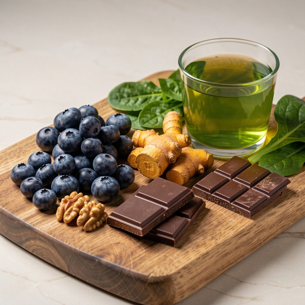 Anti-aging nutrition foods including blueberries, walnuts, turmeric, green tea, dark chocolate, and leafy greens arranged on a wooden board under studio lighting